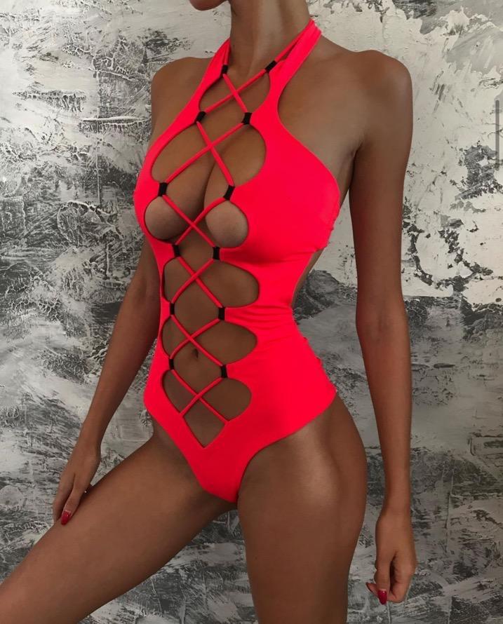 High Neck Solid Black Cut Out Backless Monokini 2022