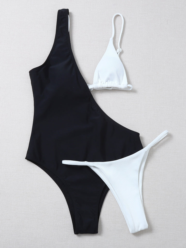 Cut Out Push Up White Black Patchwork Backless Monokini 2022